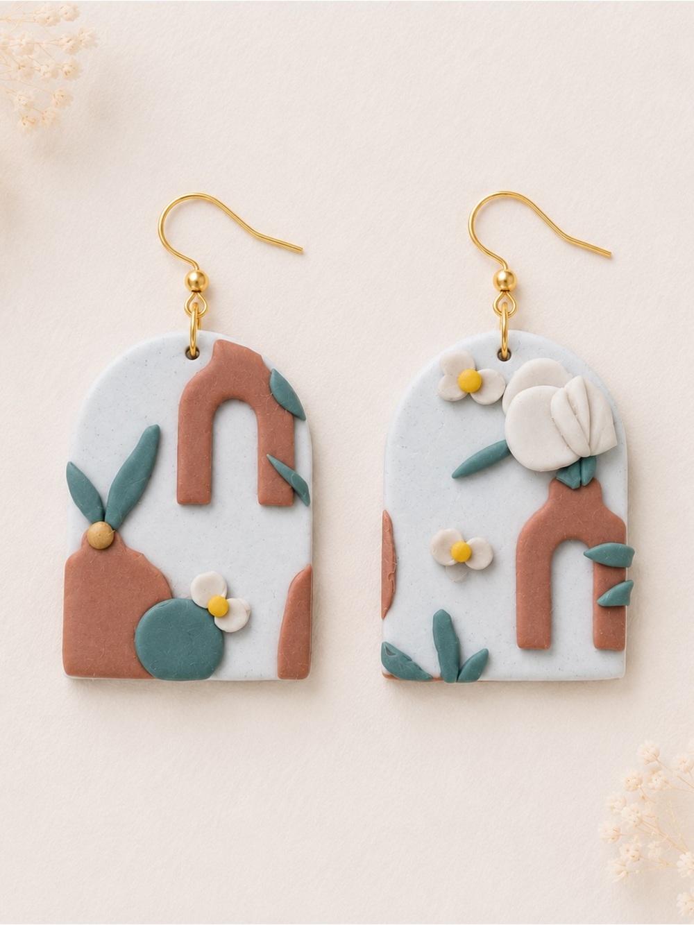 Handmade Arch Floral Polymer Clay Earrings in Dusty Blue & Terracotta